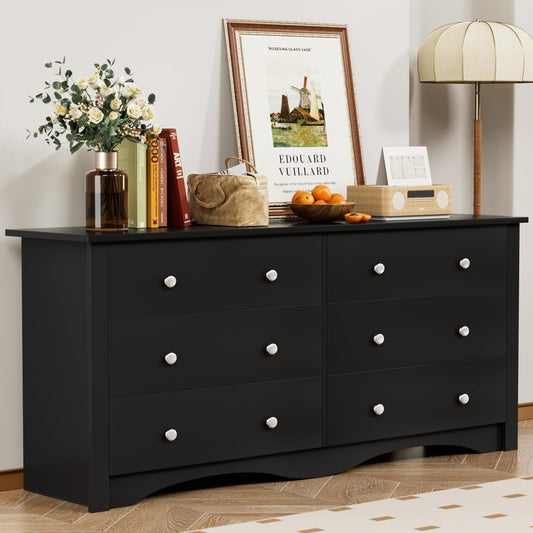 Dresser with 6 Drawer, Wood Wide Chest Storage Organizer and TV Stand for Living Room, Hallway, Dormitory, Black-0