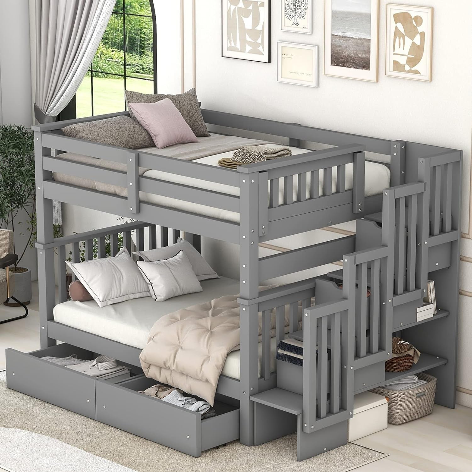 Full over Full Bunk Bed with Stairs, Wooden Bunk Bed with Storage Drawers, for Kids Teens Adults - Gray-2