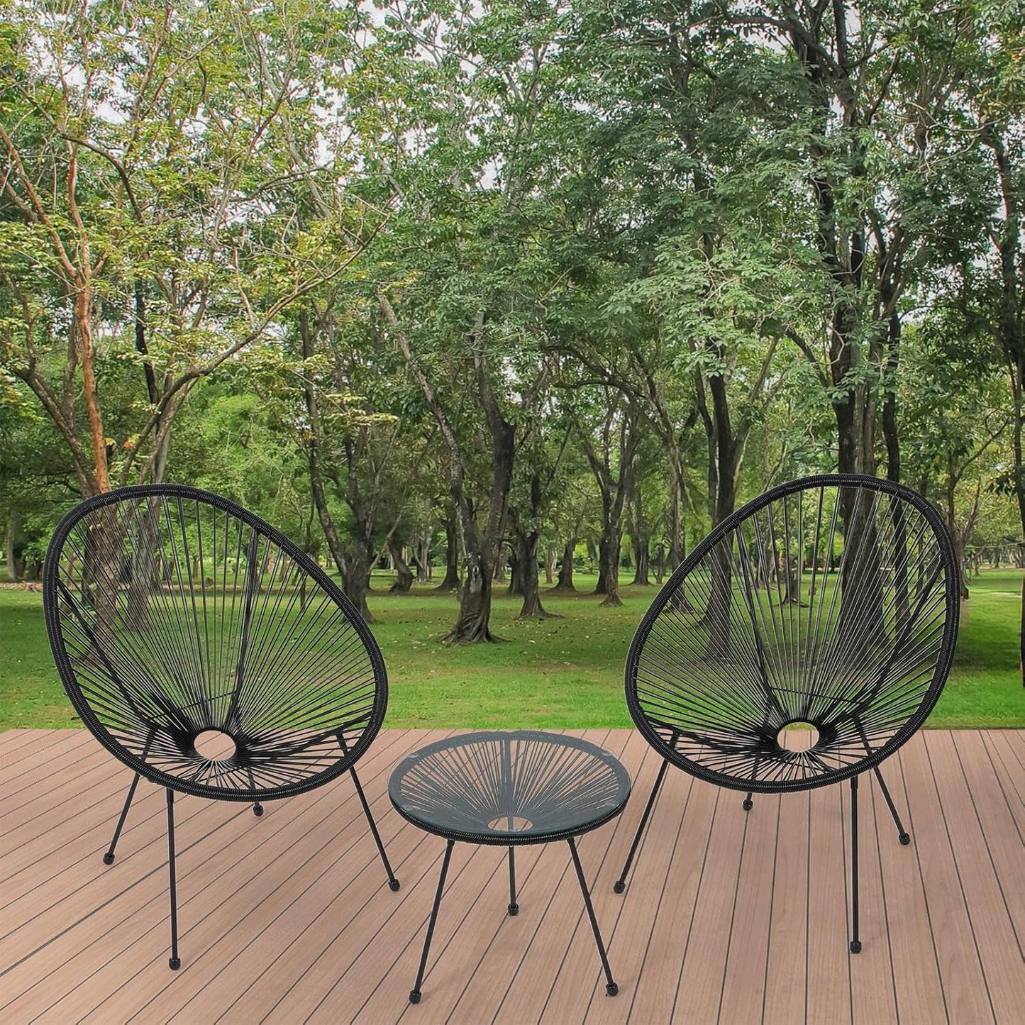 Outdoor Acapulco Chair Set 3-Piece with Glass Top Table, Lightweight All-Weather Woven PE Rope Patio Furniture, Modern Bistro Conversation Set for Patio, Garden, Poolside, Black-3
