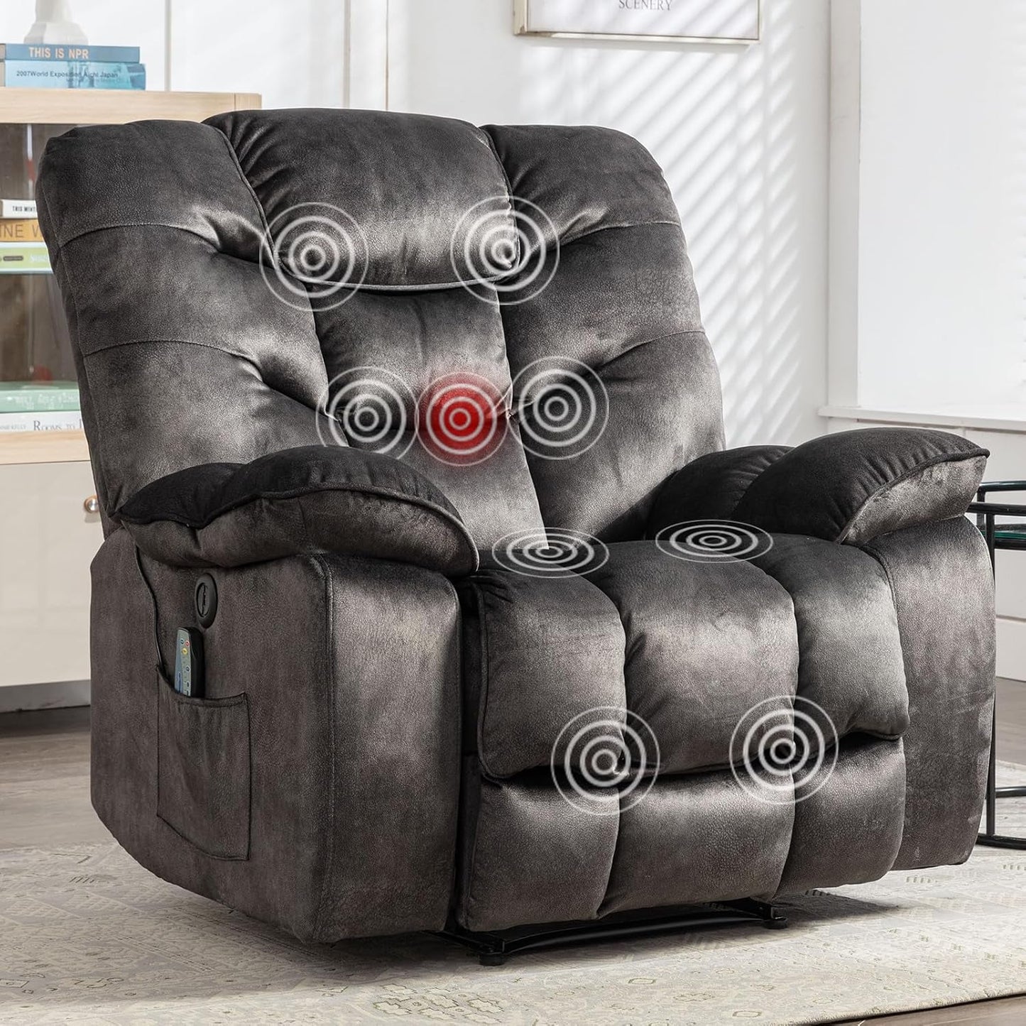 Oversized Power Recliner Chairs with Massage and Heat, 41" Wide Electric Reclining Chair with USB Port, Breathable Fabric Overstuffed Reclining Sofa for Living Room Bedroom (No Lift)-0