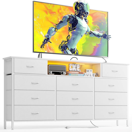 Long Dresser for Bedroom with Charging Station and LED Lights, White Dresser TV Stand with 11 Drawers, Fabric Chest of Drawers with PU Finish for Bedroom, Living Room, Entryway-0