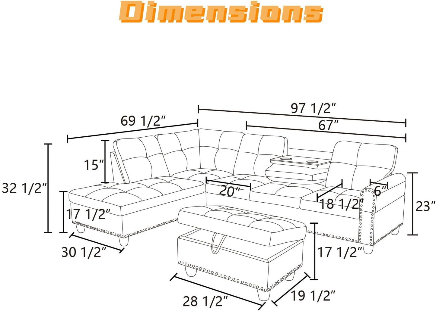 L Shaped Sectional Couch with Otttoman, 97" Sectional Sofa for Living Room Flannel Modular Couches with Cup Holders for Bedroom, Apartments, Grey White-1