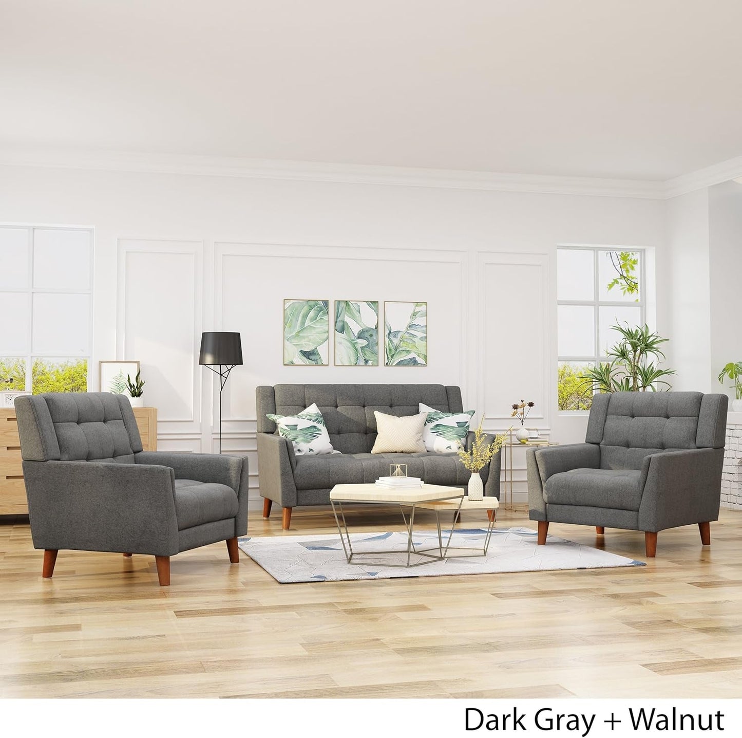 Gdfstudio Mid Century Modern Fabric Arm Chair and Loveseat Set, Dark Gray-3