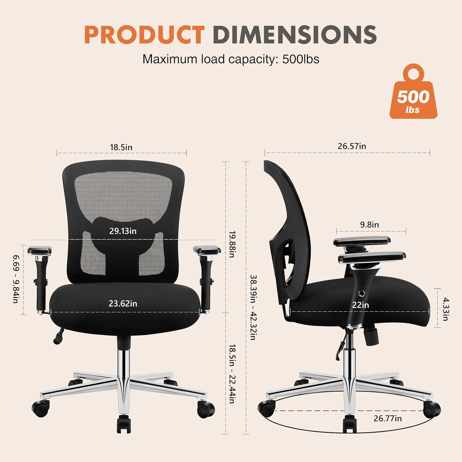 Big and Tall Office Desk Chair with Lumbar Support, 500Lbs Heavy Duty Mesh Ergonomic Computer Chair with Arm and Wide Comfy Seat, Wheels for Adult-2