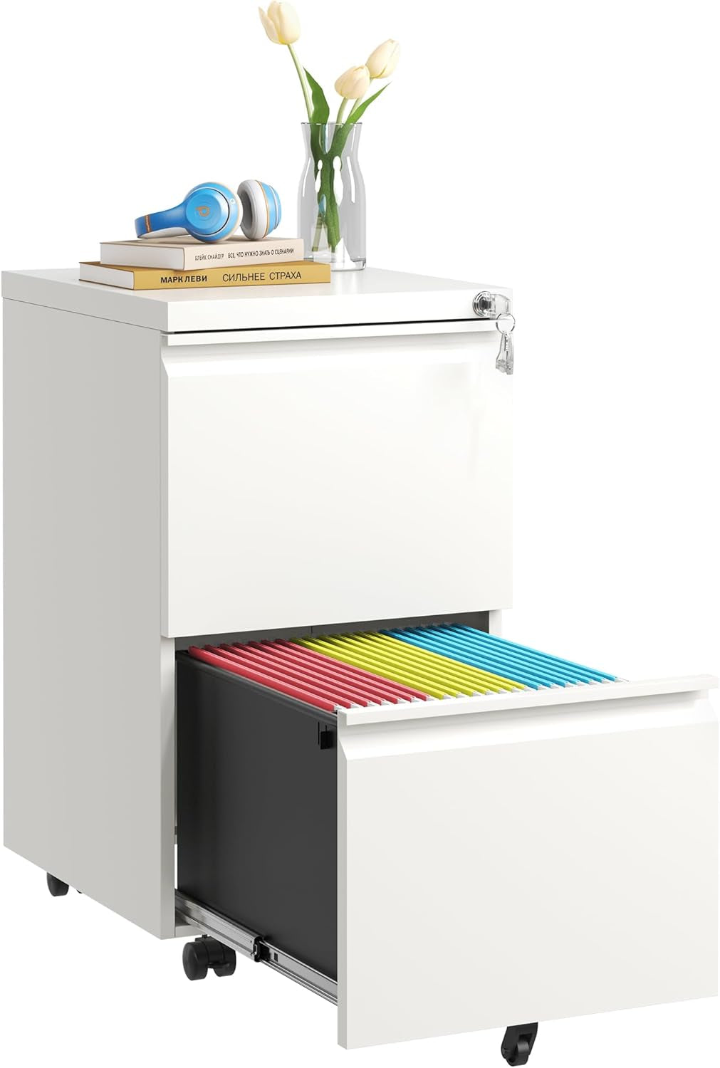 2 Drawer Mobile File Cabinet with Lock,Rolling Metal Office Storage Filing Cabinet under Desk for Home Office,Legal/Letter/A4, Fully Assembled,White-0