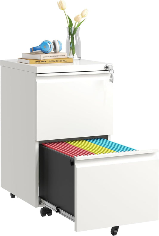2 Drawer Mobile File Cabinet with Lock,Rolling Metal Office Storage Filing Cabinet under Desk for Home Office,Legal/Letter/A4, Fully Assembled,White-0