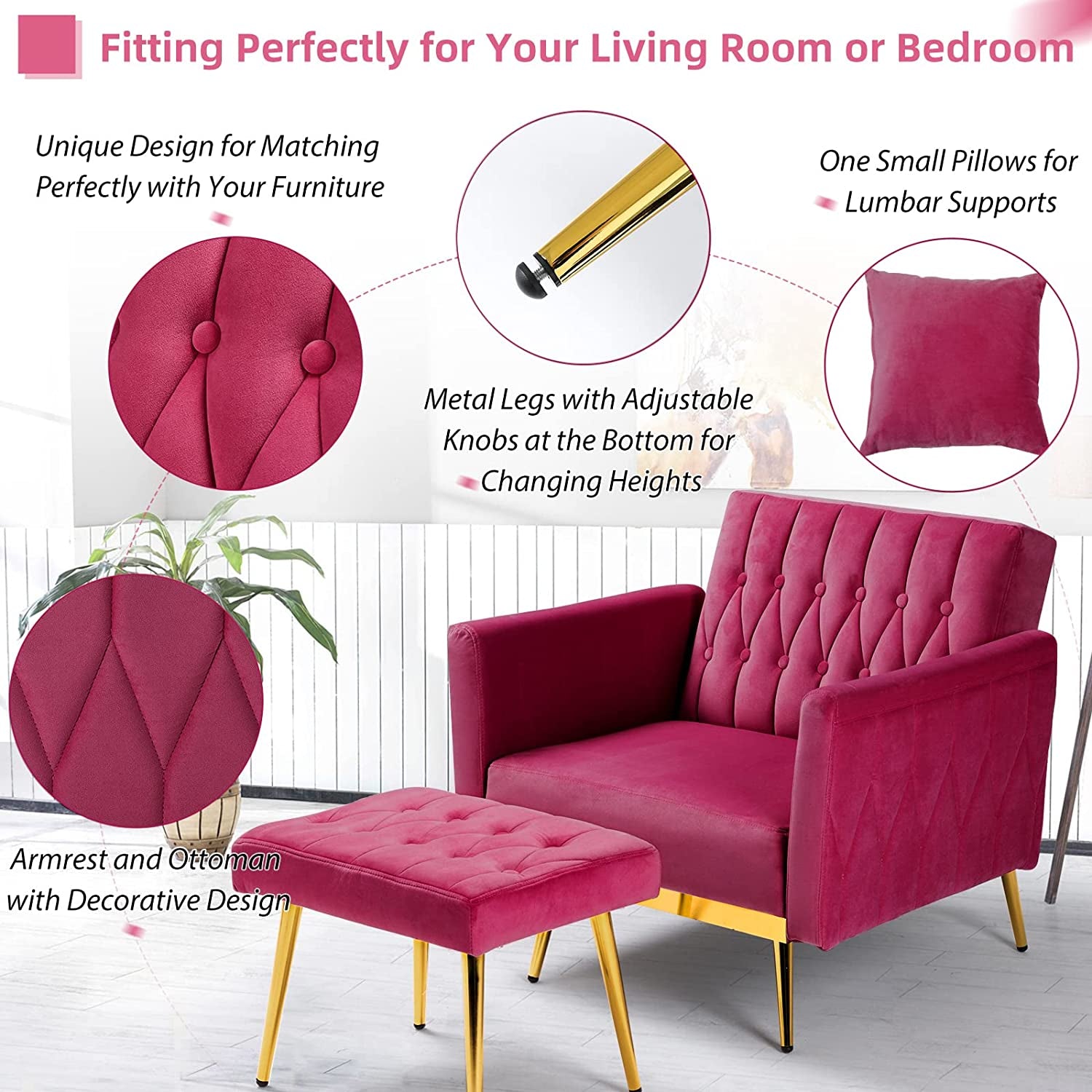 Fuchsia Velvet Accent Chair with Adjustable Features-3