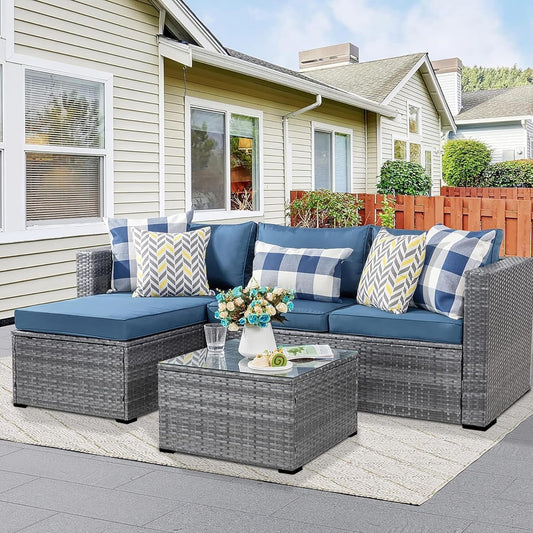 Patio Furniture Sets 3 Pieces Outdoor Sectional Sofa Silver All-Weather Rattan Wicker Sofa Small Patio Conversation Couch with Washable Cushion and Glass Table(Aegean Blue)-0