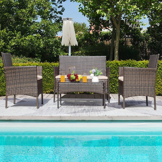 Patio Furniture 4 Pieces Conversation Sets Outdoor Wicker Rattan Chairs Garden Backyard Balcony Porch Poolside Loveseat with Soft Cushion and Glass Table, Brown and Beige-0