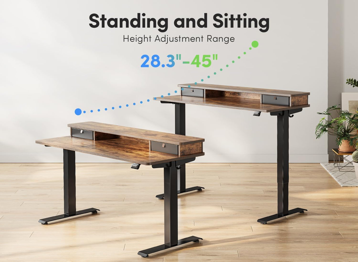 48 X 24 Inch Height Adjustable Electric Standing Desk with Double Drawer, Stand up Desk with Storage Shelf, Sit Stand Desk, Vintage Brown-4