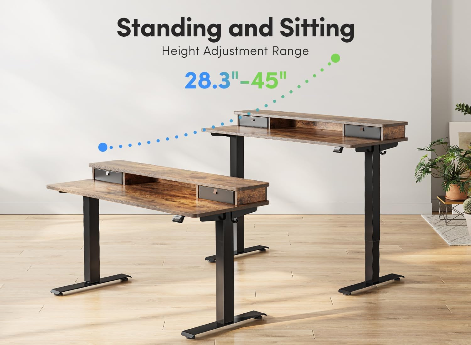 48 X 24 Inch Height Adjustable Electric Standing Desk with Double Drawer, Stand up Desk with Storage Shelf, Sit Stand Desk, Vintage Brown-4