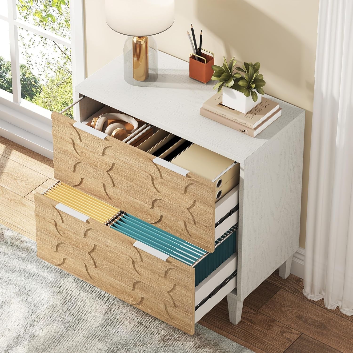 2-Drawer File Cabinet, Lateral Filing Cabinet for A4/Letter/Legal Size, Office Storage Cabinet, Printer Stand with Storage Drawer for Home Office, White & Walnut-2