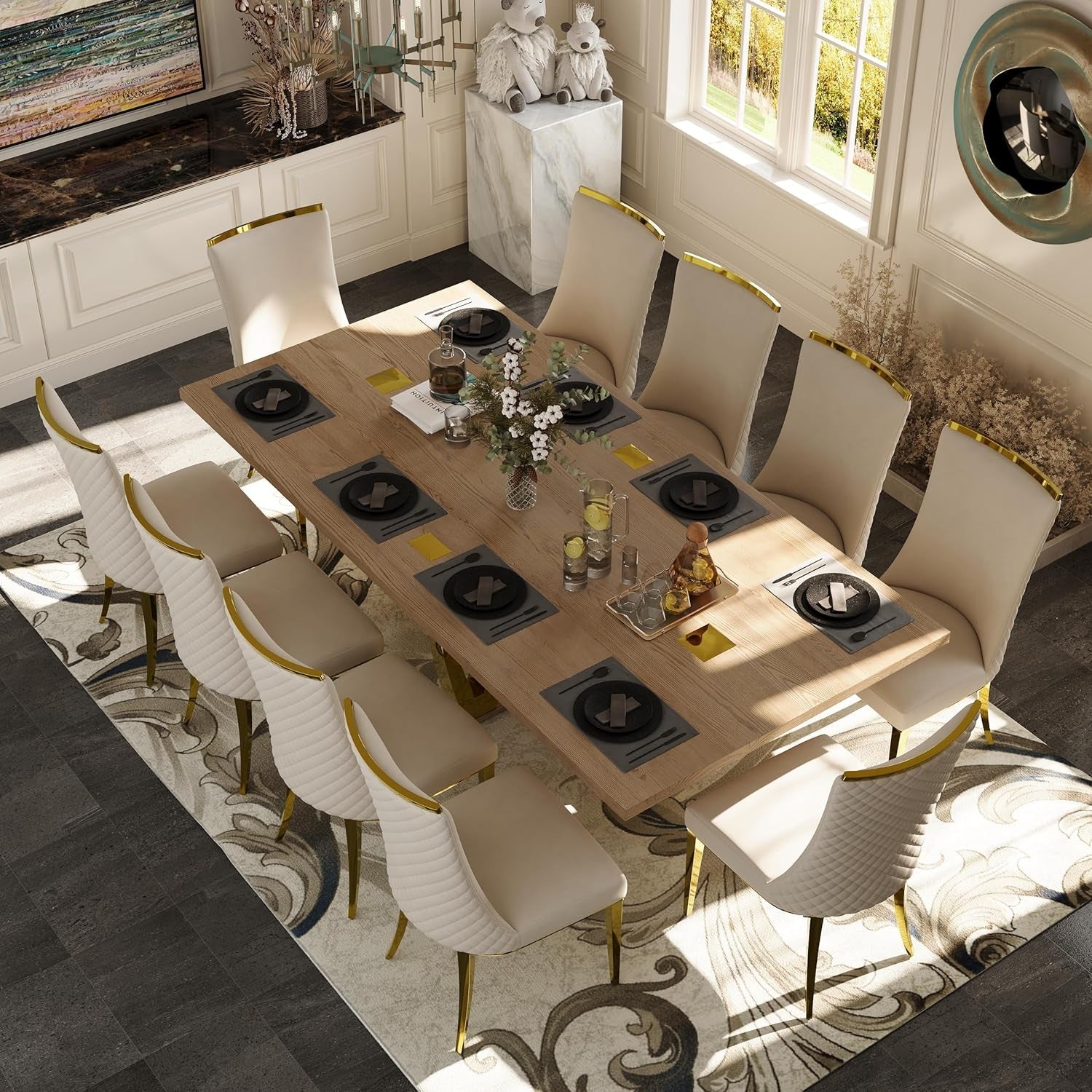 94 Inch Large Walnut Dining Table for 8-10 People, Polished Stainless Steel Tree Fork Legs, Wooden Cross Base, Sturdy and Waterproof, Wooden Dining Table Suitable for Kitchen, Dining Room-4