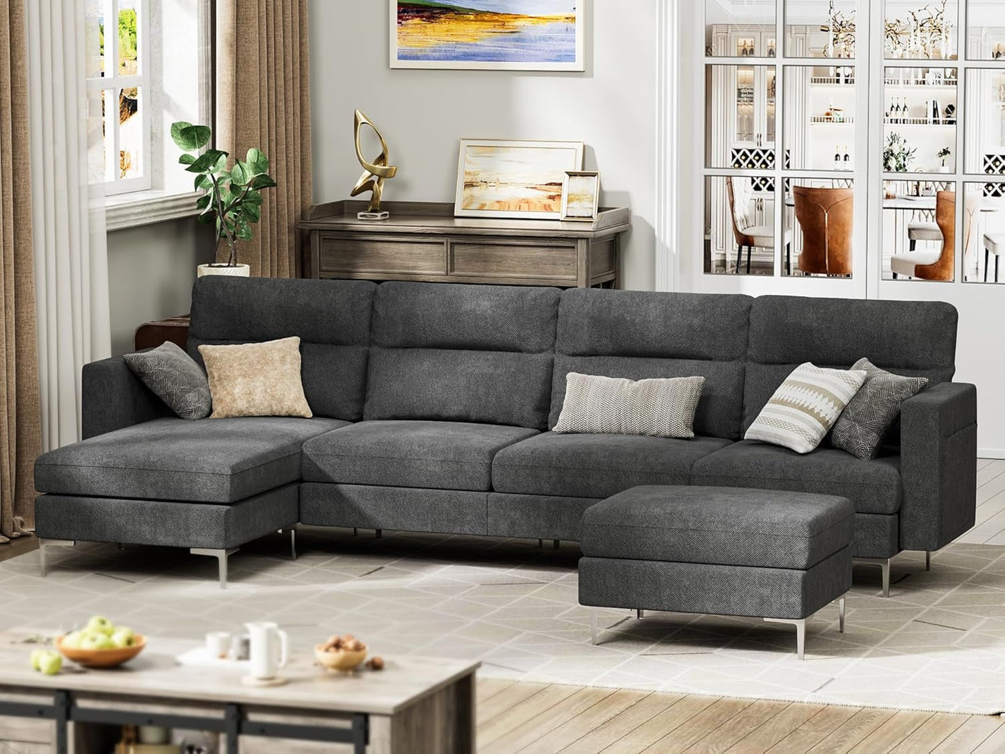 Convertible Sectional Sofa Modular Couch with Upholstered Chair and Moveable Ottoman, L-Shaped, 6 Seats, for Living Room, Dark Grey-2