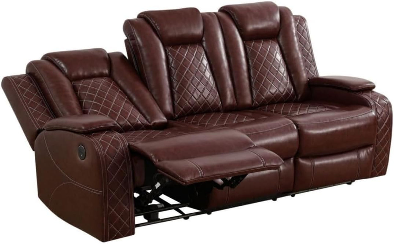 Electric Power Recliner Sofa Living Room Furniture, Comfy Home Theater Breathing Leather Seating with USB 2.0 Charging Ports, LED Light Strips, Fold-Down Table & Wireless Charging Device (Red)-2