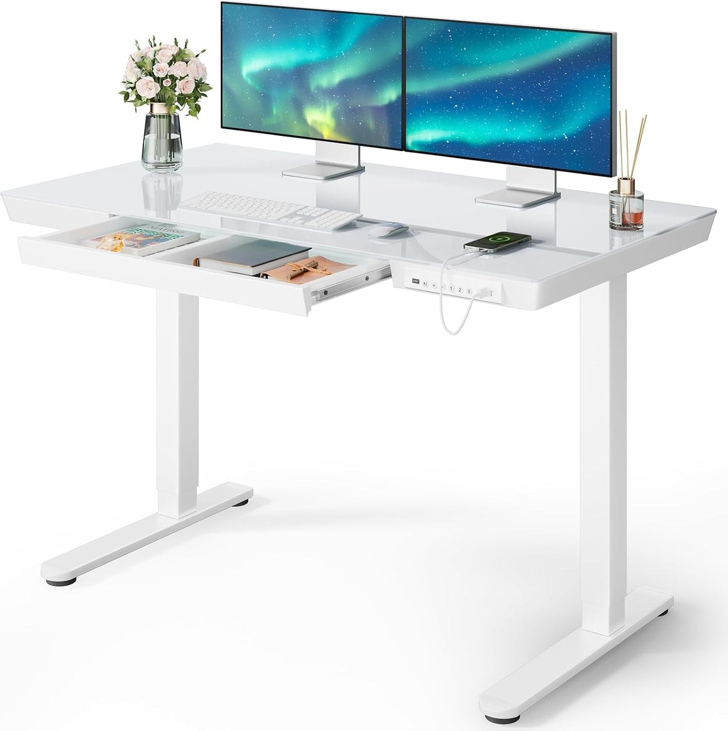 Glass Standing Desk with Drawer, 48 X 24 Inch Electric Standing Desk, Height Adjustable Desk with One-Piece Tabletop & USB Charging Ports, Sit Stand Desk with Storage for Home & Office White-0