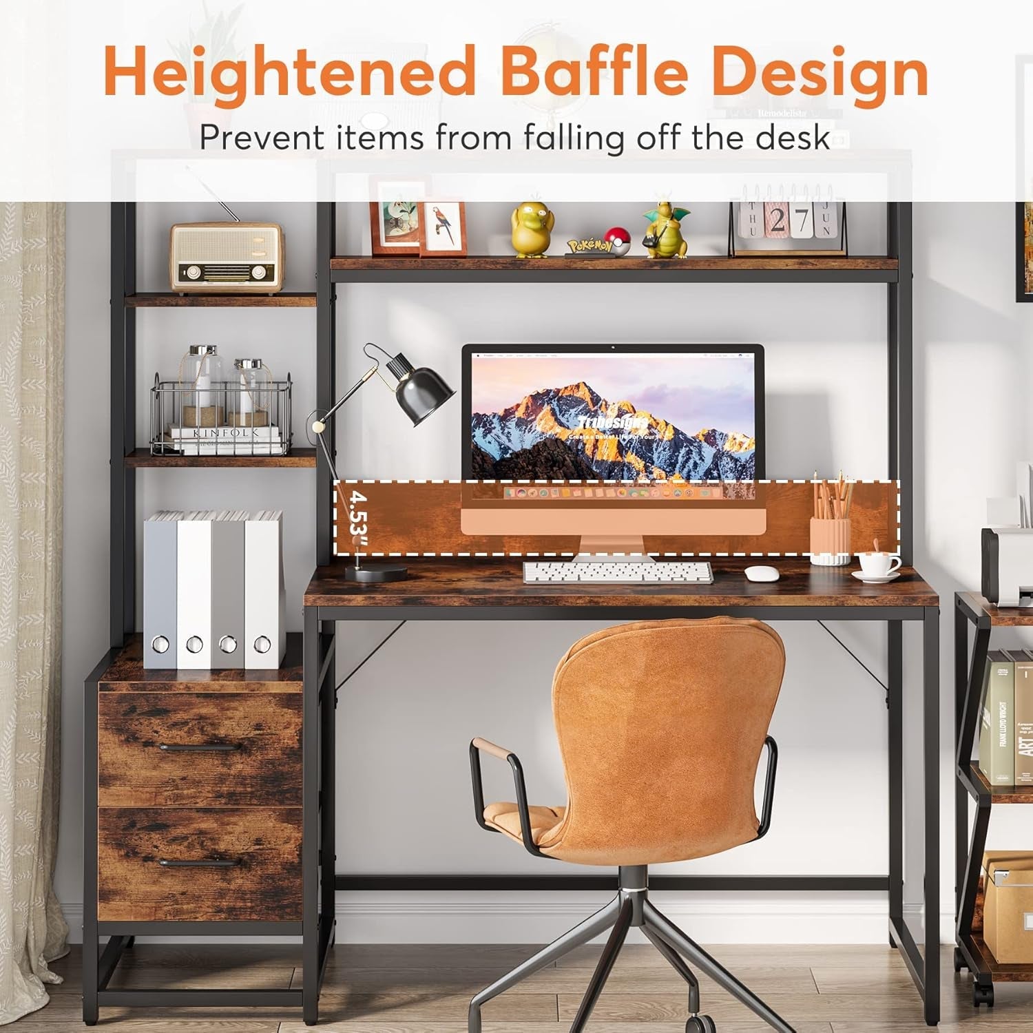 55 Inch Computer Desk with 2 Drawers and Storage Shelves, Rustic Office Desk with Hutch, Study Writing Gaming Table Laptop Workstation for Home Office (Brown)-4