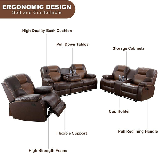 3 Piece Recliner Sofa Set Bonded Leather, Luxury Living Room Furniture Set, Leather Sofa Set Manual Reclining for Office Home (Brown)-1