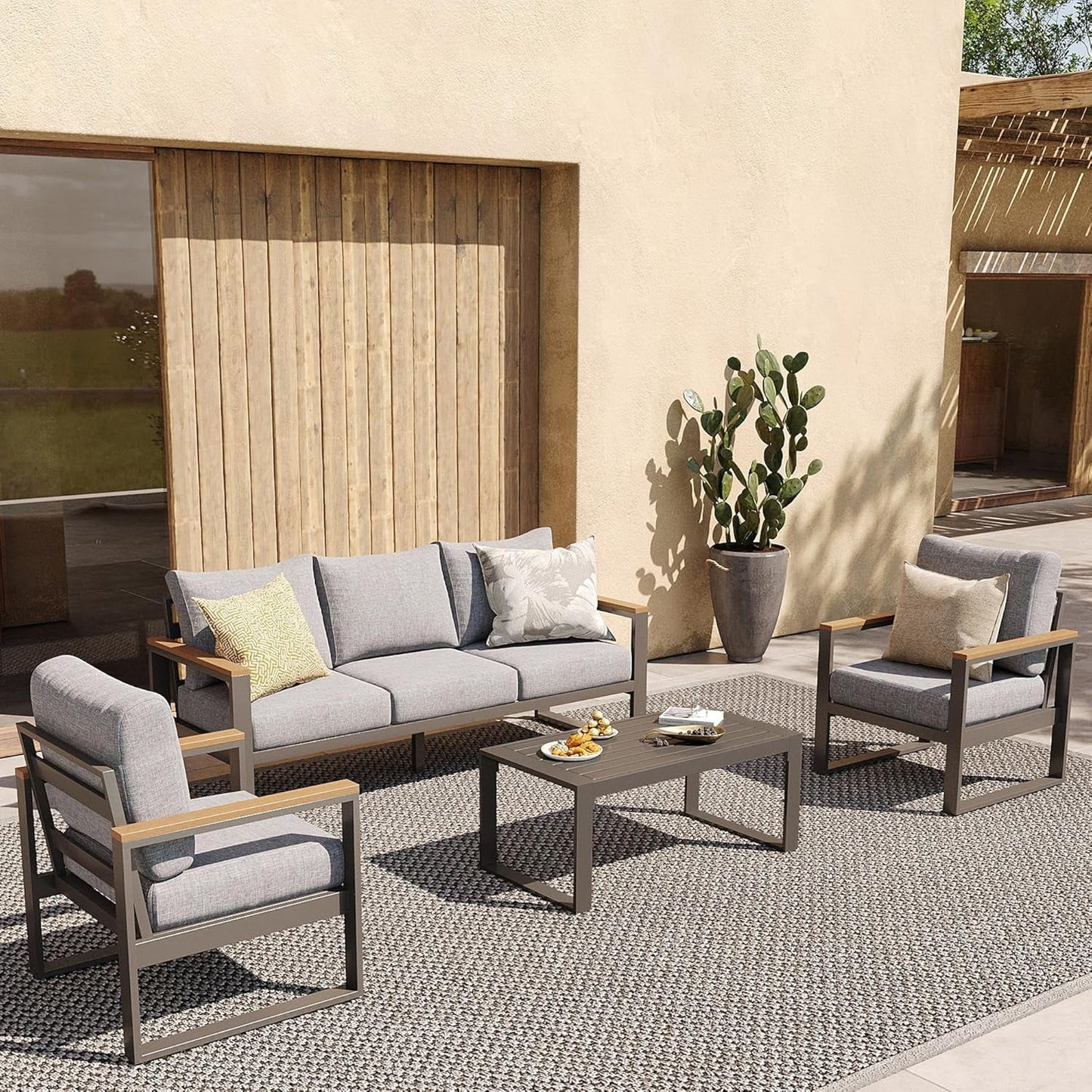 Aluminum Patio Furniture Set, 4 Piece Modern Outdoor Furniture with 6 Inch Cushion, Metal Patio Sectional Conversation Sets for Deck, Backyard, Porch (Grey)-1