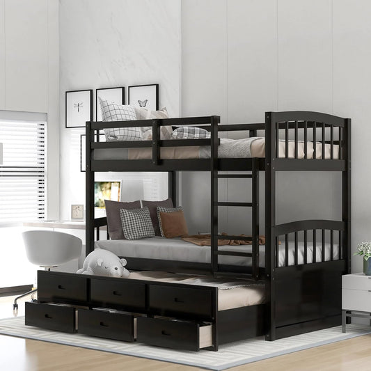 Twin over Twin Bunk Bed with Trundle and 3 Drawers, Solid Wood Bunk Bed Frame with Ladder and Full Guardrails, for Teens, Espresso-0