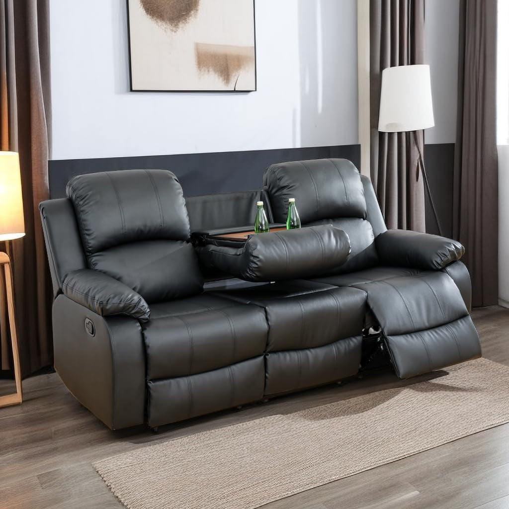 Living Room Furniture Set Leather Recliner Sofa Set Loveseat Chair Furniture Sofa Set for Living Room/Small Space/Rv/House/Office/Theater Seating (A-Black Leather, Sofa(3Seater))-0