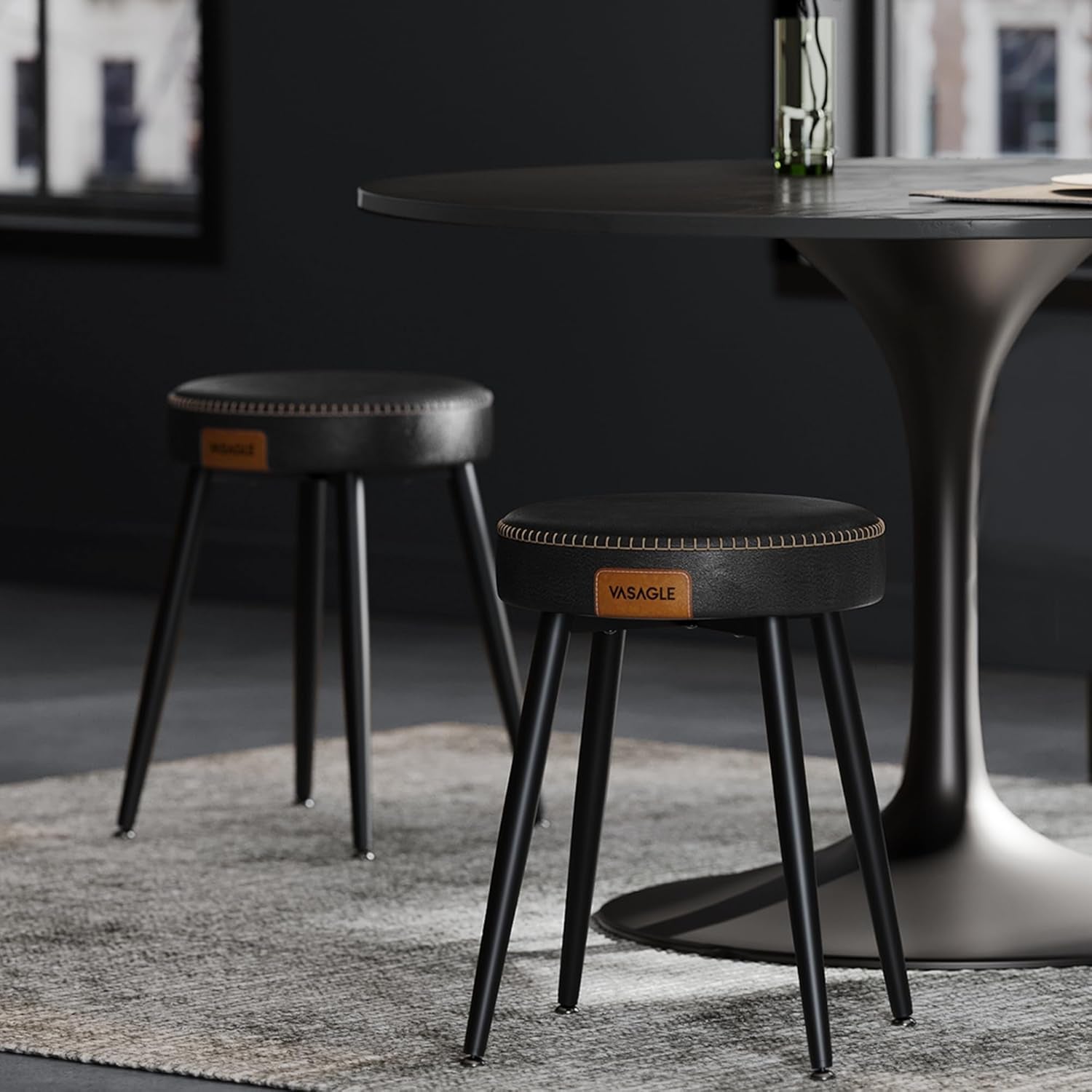 EKHO Collection - Dining Chairs Stools Set of 2, Upholstered Kitchen Stools, Vanity Stools, Synthetic Leather with Stitching, Mid-Century Modern, 19-Inch Tall, Easy Assembly, Ink Black-0