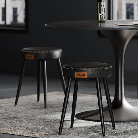 EKHO Collection - Dining Chairs Stools Set of 2, Upholstered Kitchen Stools, Vanity Stools, Synthetic Leather with Stitching, Mid-Century Modern, 19-Inch Tall, Easy Assembly, Ink Black-0