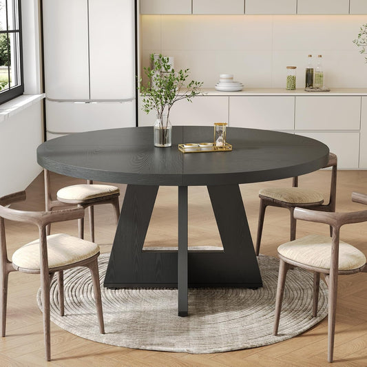 round Dining Table for 4-6 People, 47 Inches Dining Room Table with Wooden Pedestal Base, Black Dinner Table, Circle Kitchen Table for Dining Room, Kitchen, Living Room(Table Only)-1