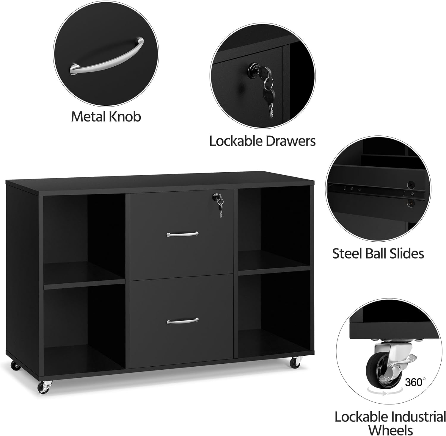 Black File Cabinet Large Mobile Storage Lateral Filing Cabinet with 2 Drawer and 4 Open Compartments,For Letter Size A4 Size, Printer Stand for Home Office, Black-3