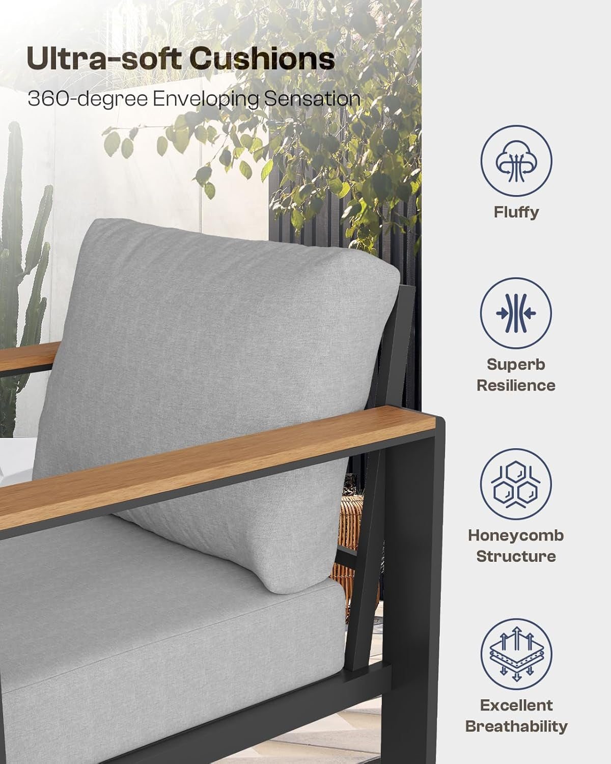 Aluminum Outdoor Patio Furniture Set with Coffee Table, 5 Piece Patio Conversation Sets with Washable Thick Cushions, Patio Sectional Furniture Set for Porch, Balcony, Garden, Gray-4