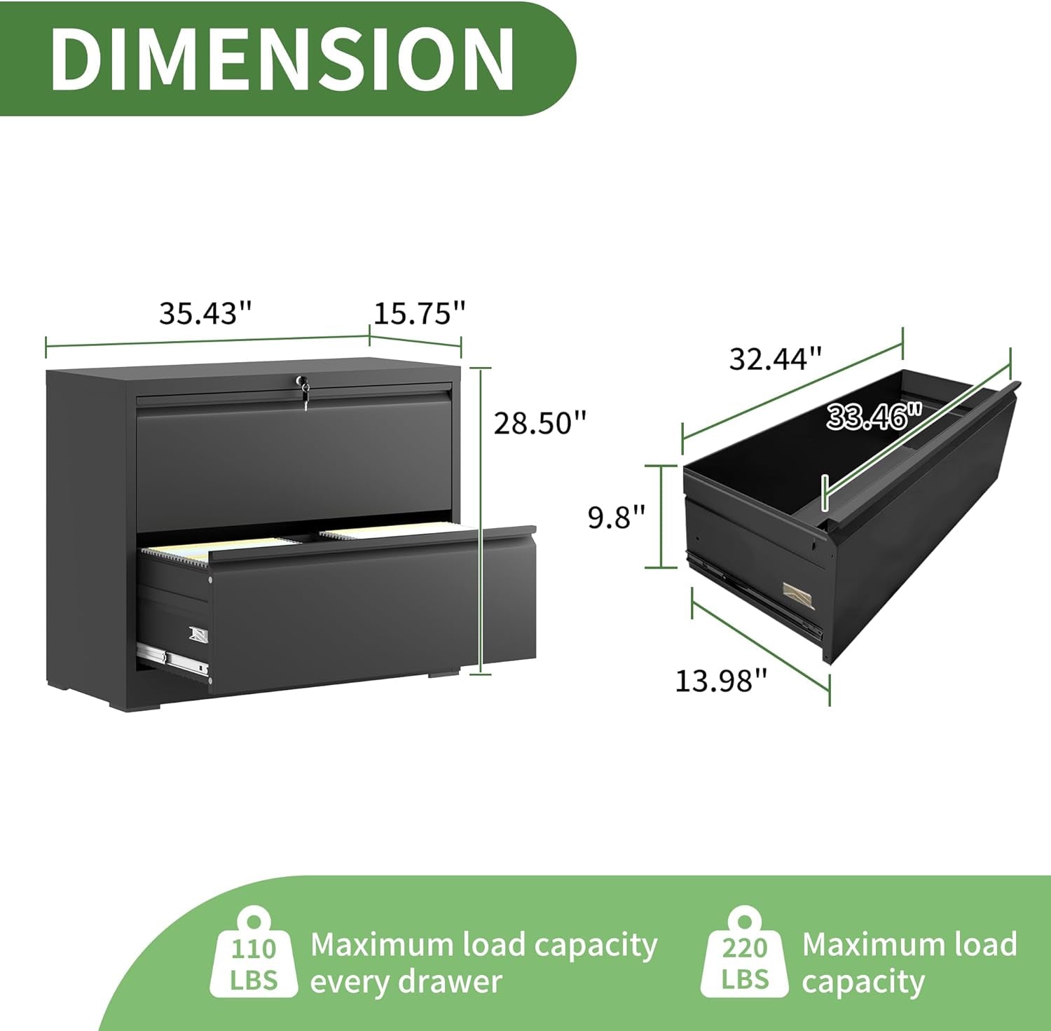 Lateral File Cabinet with Lock,2 Drawer Metal Filing Cabinets, Home Office Storage Cabinet for Hanging Files Letter/Legal/F4/A4 (Black)-2