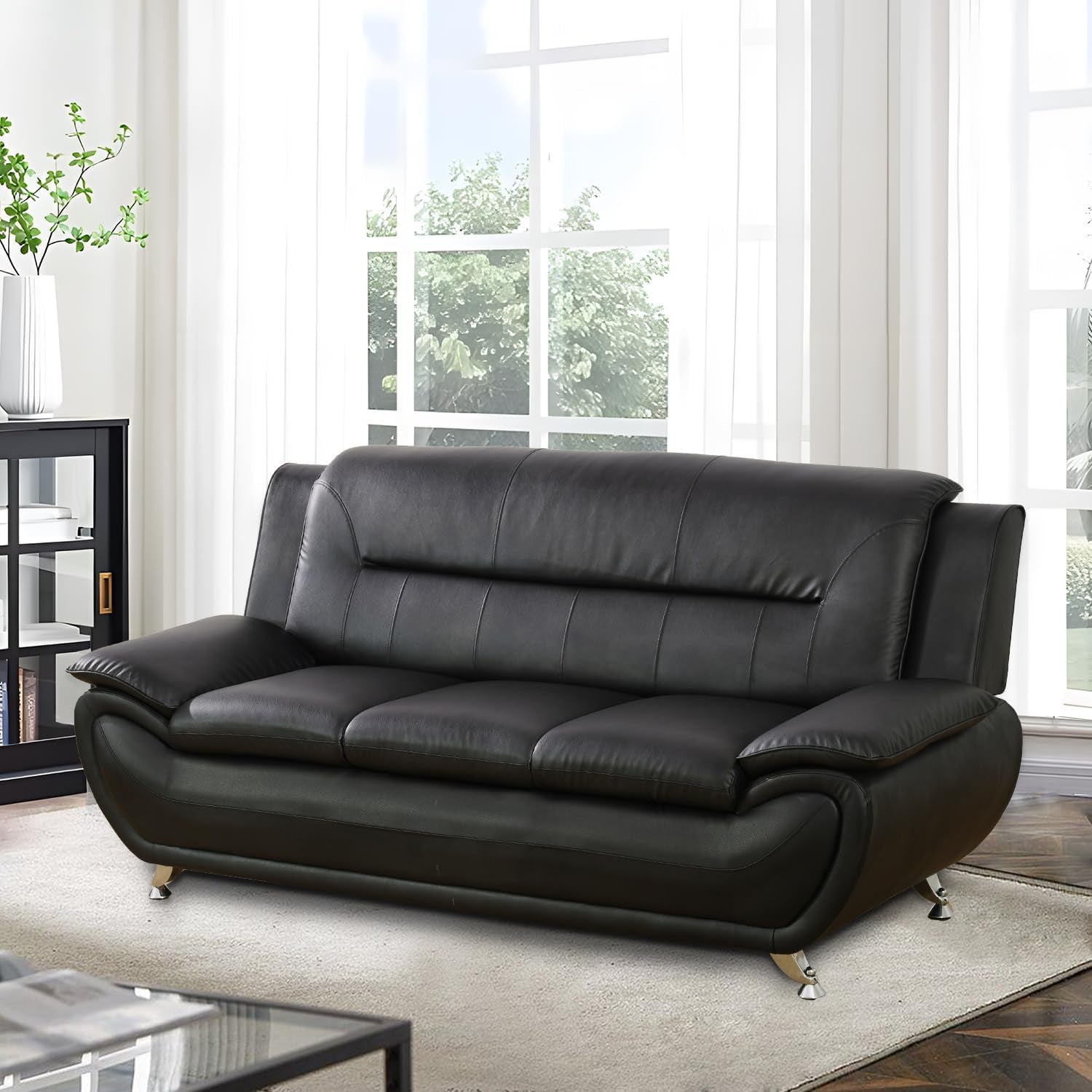 Living Room Furniture Set, Faux Leather Sofa Couch Set, 3 Pieces Modern Sofa Set for Living Room/Apartment/Office (Black)-1