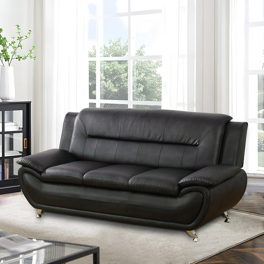 Living Room Furniture Set, Faux Leather Sofa Couch Set, 3 Pieces Modern Sofa Set for Living Room/Apartment/Office (Black)-1