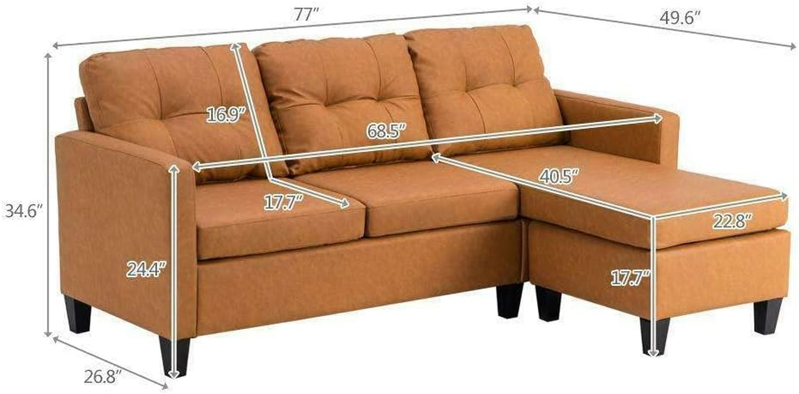 JHUS Faux Leather Sectional Sofa L-Shaped Couch W/Reversible Chaise Light Brown Sofa Sofa Bed Sleeper Sofa Sectional Sofa Couches for Living Room Sofas for Living Room Living Room Furniture-2