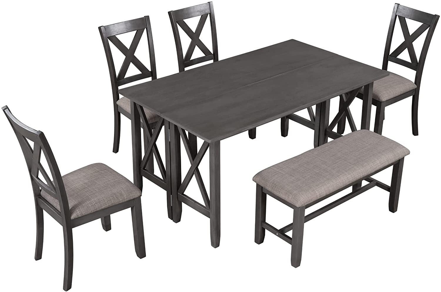 6 Piece Foldable Dining Set for 6 with Bench, Gray-1