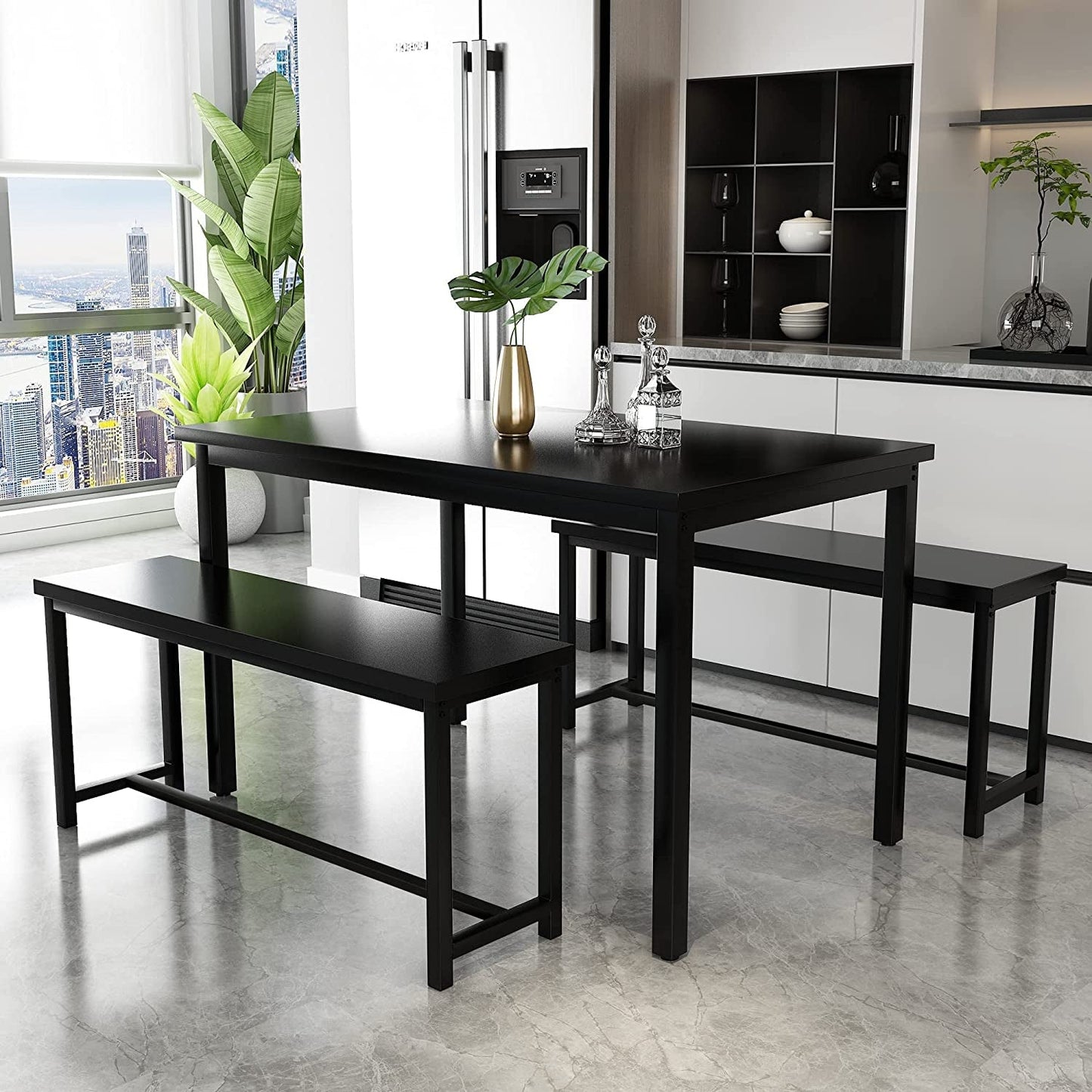 3-Piece Dining Table Set with 2 Benches, Sturdy Structure-3