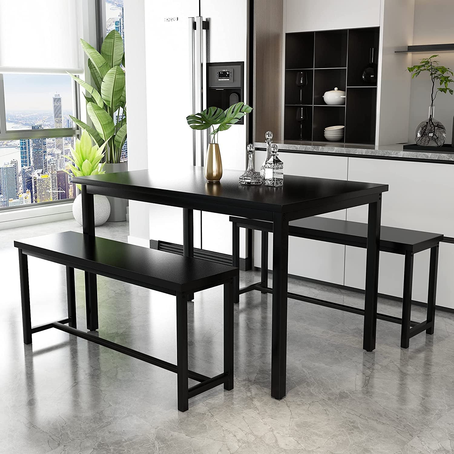 3-Piece Dining Table Set with 2 Benches, Sturdy Structure-3