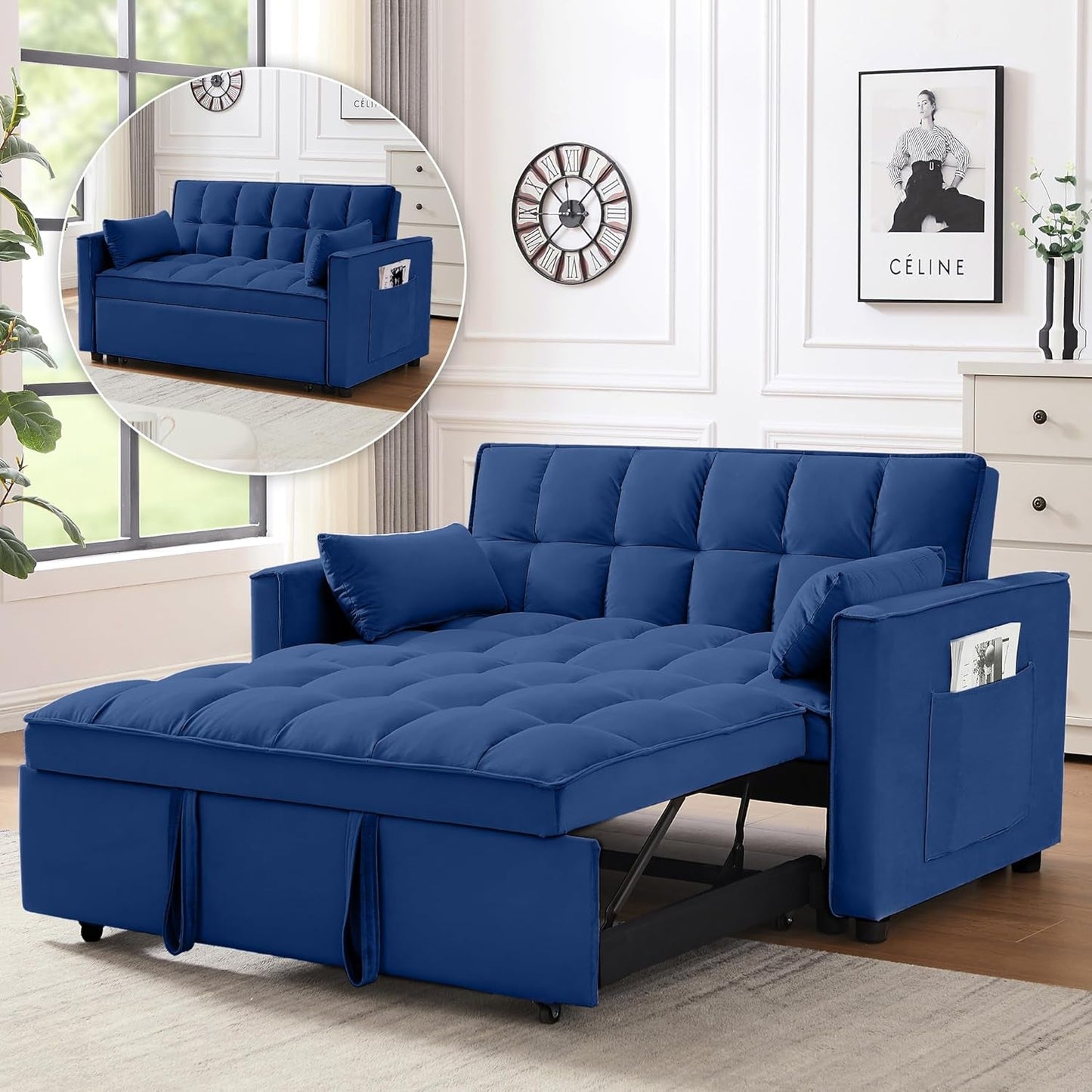 3 in 1 Convertible Sleeper Sofa Bed, Futon Couches for Living Room with Side Pocket | Adjustable Backrest| Velvet Fabric | Pull Out Couch | Recliner Loveseat | Sectional Sofa, Blue-0