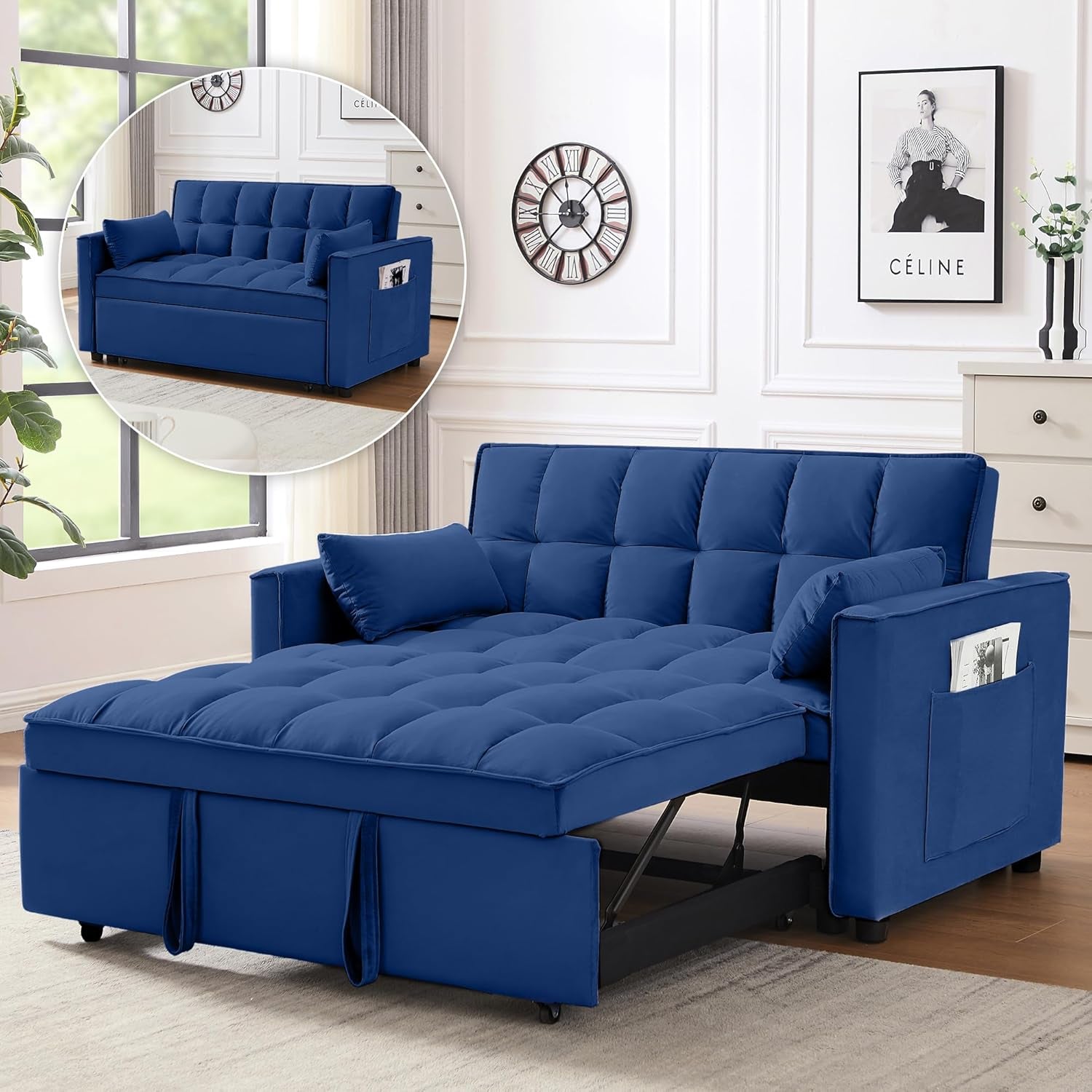 3 in 1 Convertible Sleeper Sofa Bed, Futon Couches for Living Room with Side Pocket | Adjustable Backrest| Velvet Fabric | Pull Out Couch | Recliner Loveseat | Sectional Sofa, Blue-0