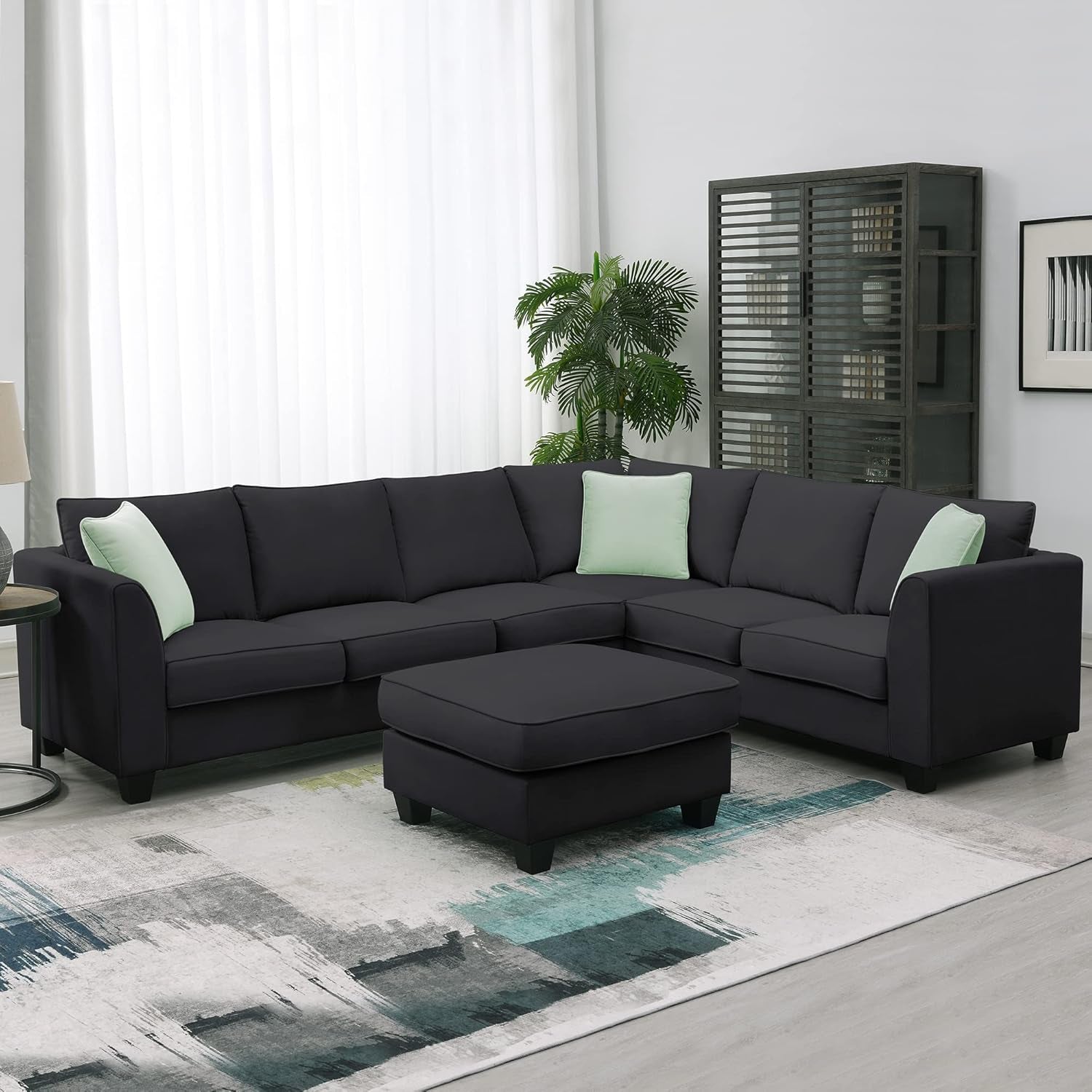 Large U Shaped Sectional Sofa with Removable Ottoman for Living Room, 7 Seats Modular Sofa with Wide Chaise Lounge & 3 Pillows, 112” Fabric Corner Couch Set for Large Space, Black-0