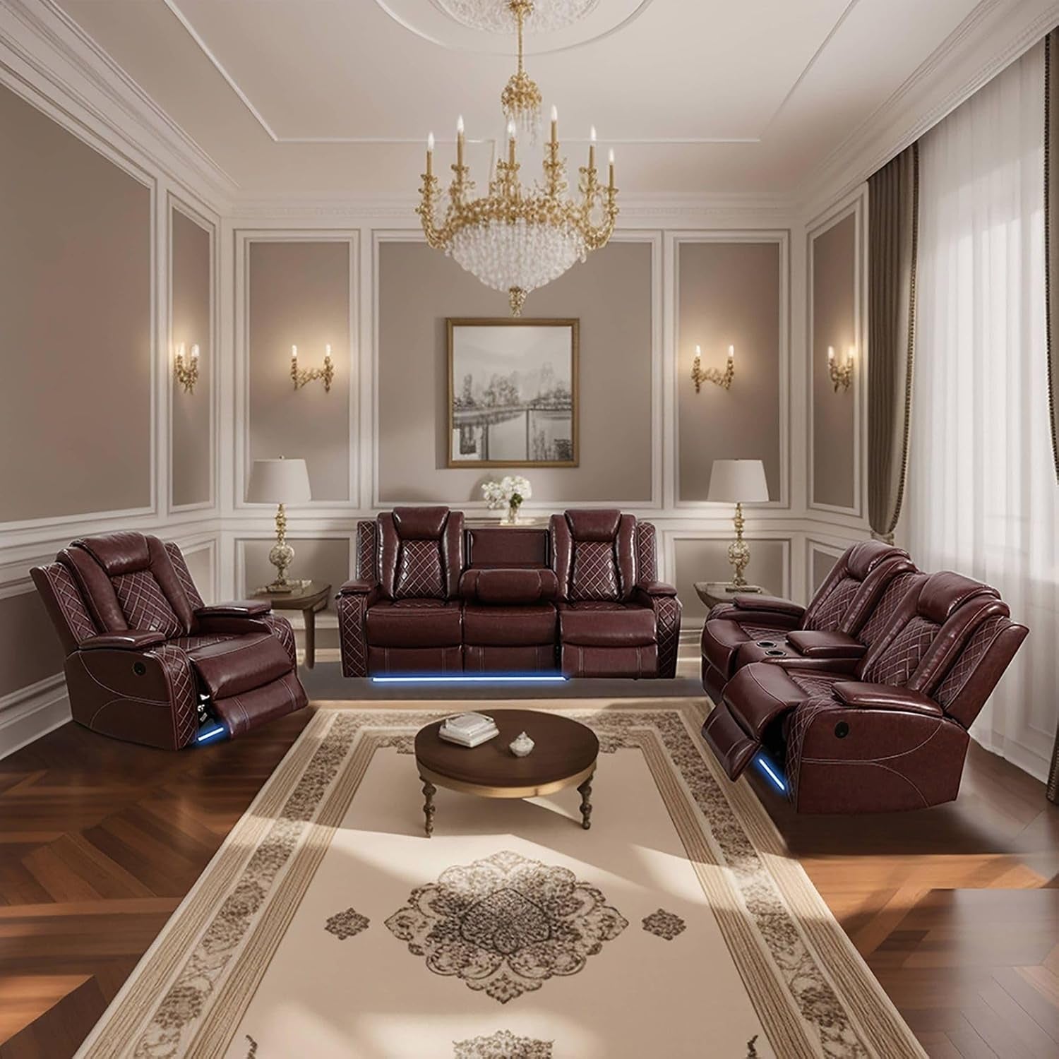 Leather Living Room Set, Power Recliner Sofa Set with LED Lights, Leather Recliner Sofa Set with USB Port/Storage Console/Cup Holders (Brown, 3PCS SOFA+LOVESEAT+CHAIR)-0