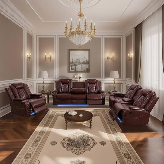 Leather Living Room Set, Power Recliner Sofa Set with LED Lights, Leather Recliner Sofa Set with USB Port/Storage Console/Cup Holders (Brown, 3PCS SOFA+LOVESEAT+CHAIR)-0