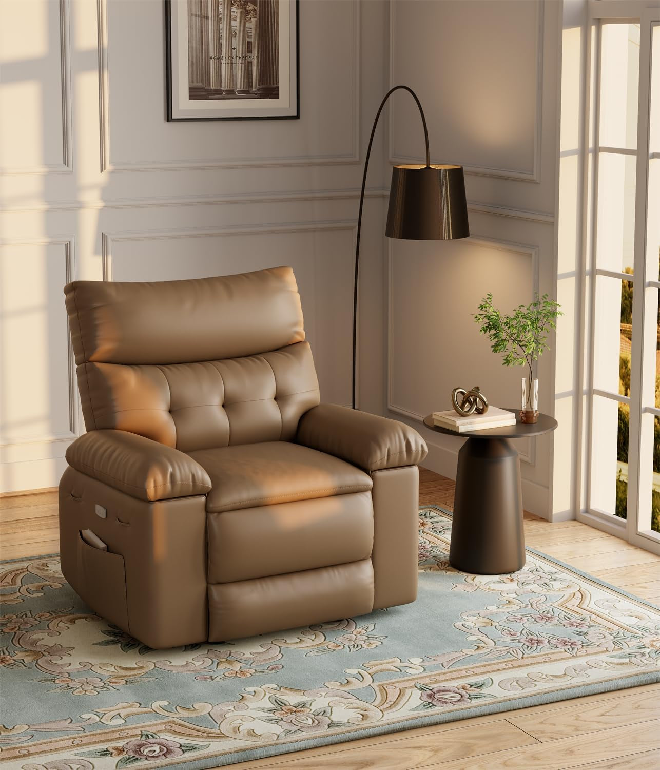 Oversized Recliner Chair for Adults,Pu Leather Electric Rocker Recliner,360 Degree Swivel Lounge Chair with Side Pocket,Modern Massage Recliner Chair Sofa for Living Room,Bedroom (Light Brown)-0