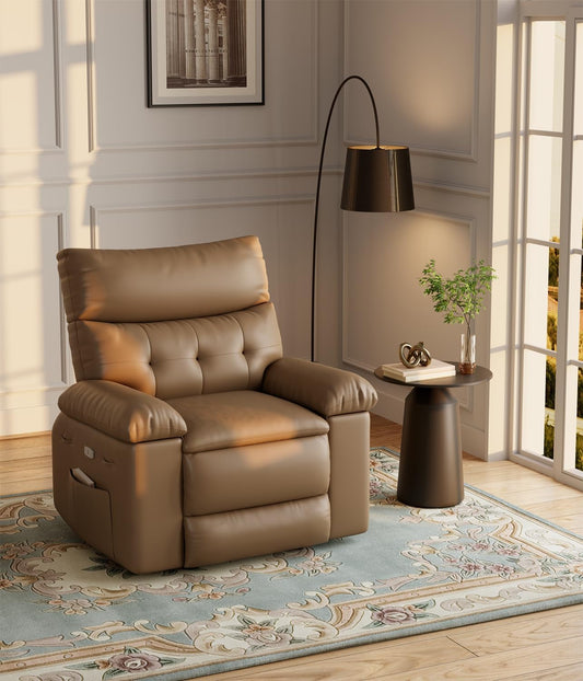 Oversized Recliner Chair for Adults,Pu Leather Electric Rocker Recliner,360 Degree Swivel Lounge Chair with Side Pocket,Modern Massage Recliner Chair Sofa for Living Room,Bedroom (Light Brown)-0