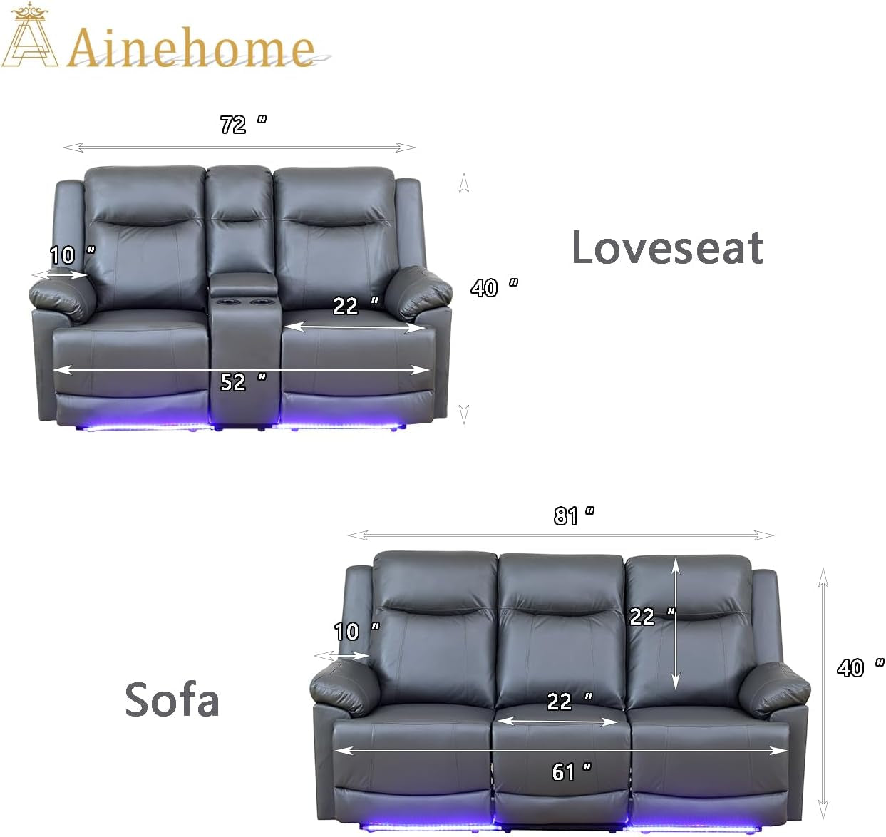 Power Leather Recliner Sofa Sets, 2 Pieces Living Room Furniture Sets with LED Lights, Grey Reclining Sofa Sets with USB Port for House/Office/Rv(B-Drak Grey, Sofa+Loveseat)-1