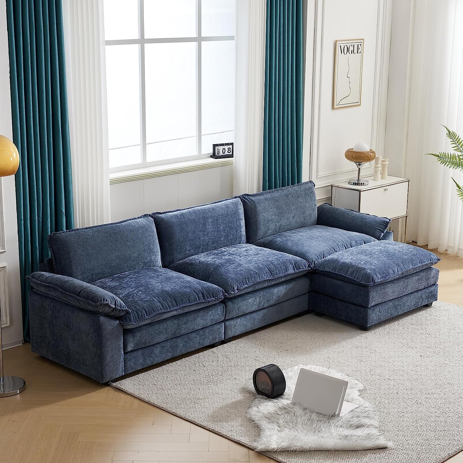 Sectional Sofa Modular Deep Seat Sofa Couch with Ottoman, Chenille Sofa Sleeper Comfy Upholstered Furniture for Living Room, Apartment, Studio, Office, (3-Seat & 1-Ottoman, Dusty-Blue)-0