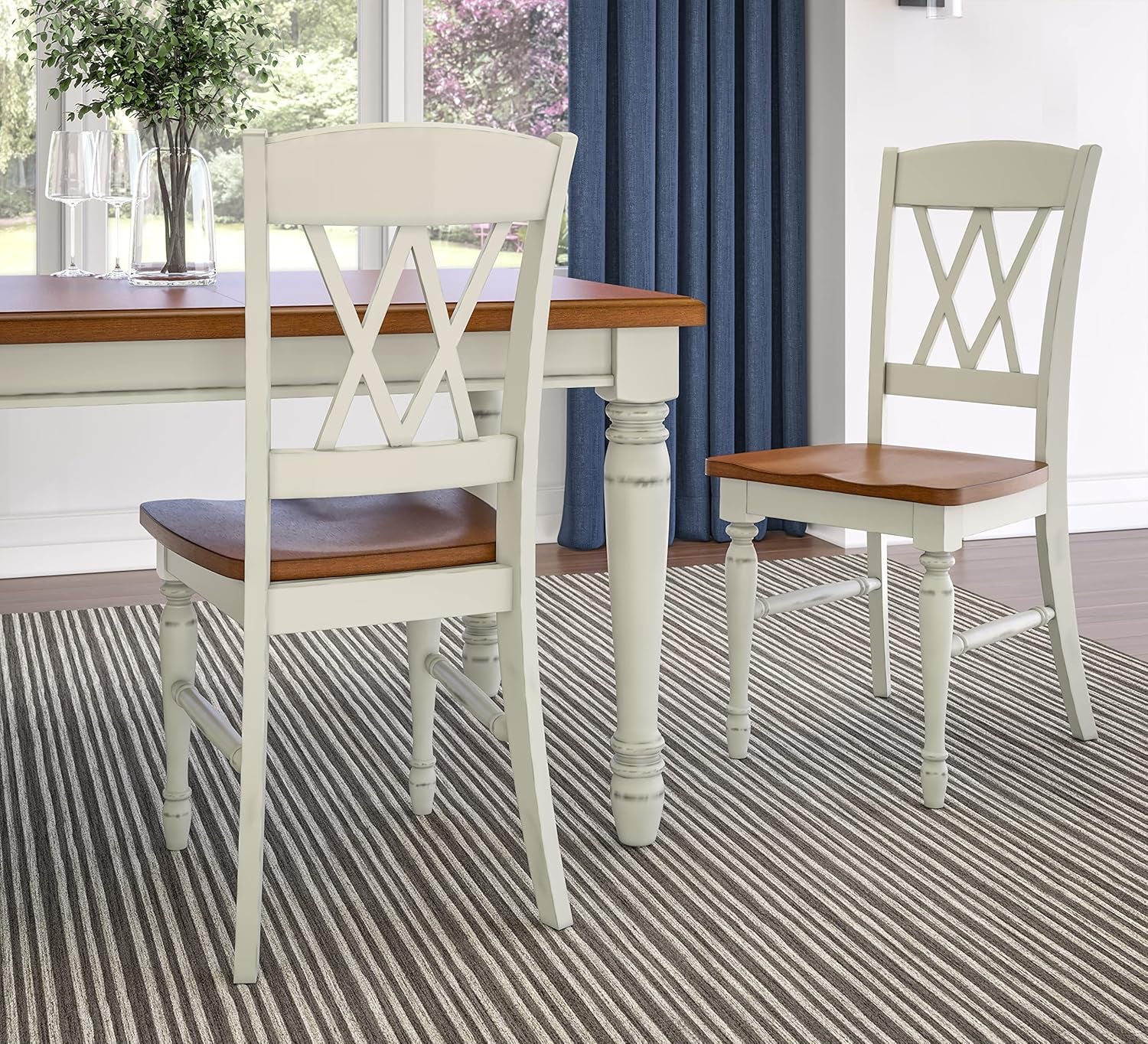 Home Styles Monarch Double X-Back White and Oak Dining Chairs, with Solid Hardwood Construction, Turned Legs, and Distressed Oak Finish, Set of Two-0