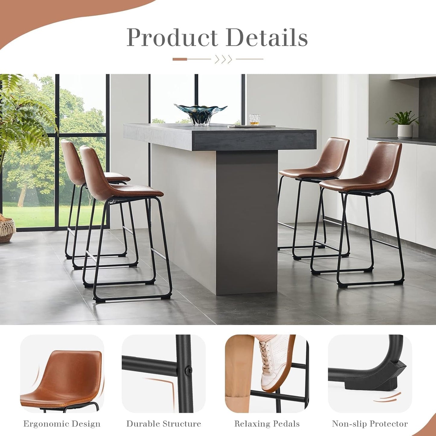 Counter Height Bar Stools Set of 4, Modern Counter Stool Faux Leather Barstools with Back, 26 Inch Seat Height Island Stools Countertop Comfortable Brown Bar Chairs with Metal Legs-3