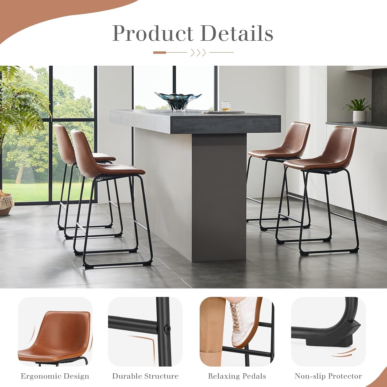 Counter Height Bar Stools Set of 4, Modern Counter Stool Faux Leather Barstools with Back, 26 Inch Seat Height Island Stools Countertop Comfortable Brown Bar Chairs with Metal Legs-3
