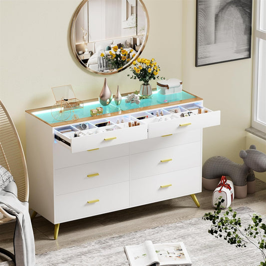 White Dresser with LED Lights for Bedroom,8 Drawer Dressers with Tempered Glass Top,Chests of Drawers with 2 Grid Drawer,Storage Organizer Dresser for Hallway,Living Room-0